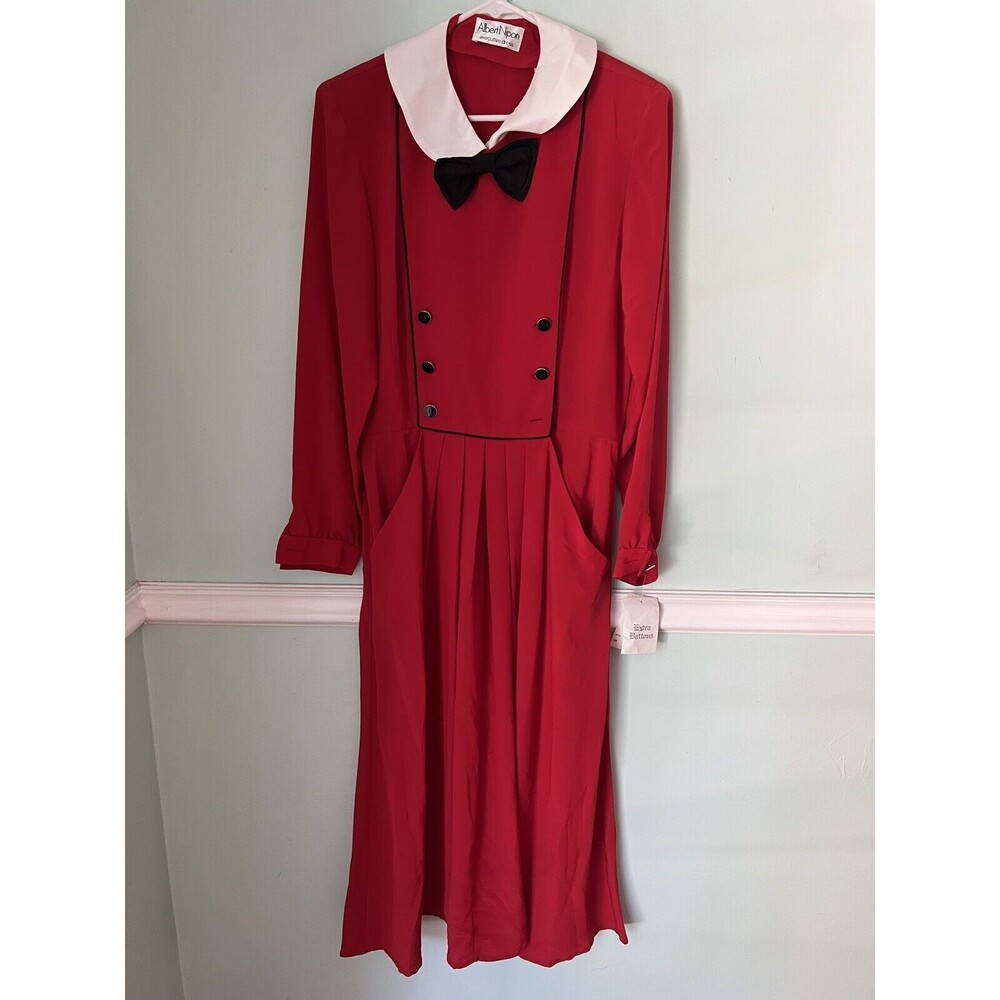 Vintage 80s Red Power Dress Albert Nipon‎ Linen Blend Executive 12 Collared NWT